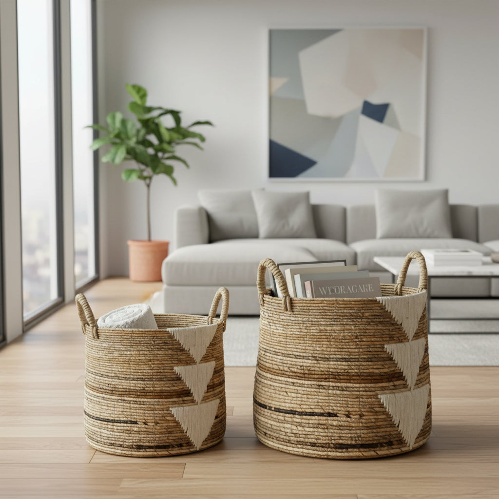 Woven baskets with geometric patterns on a wooden floor in a modern living room.