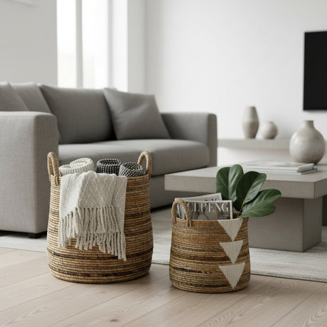 Woven baskets with decorative items in a living room setting