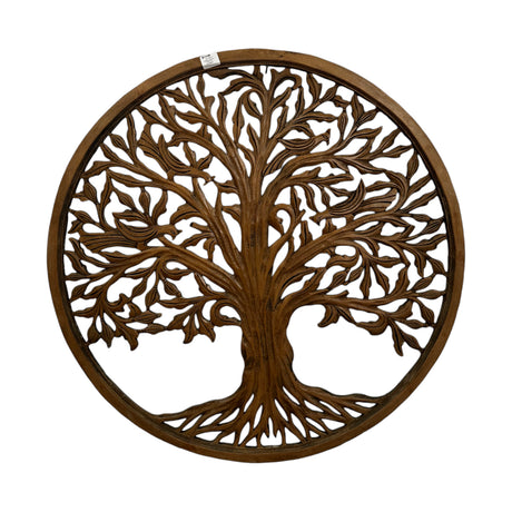 Round Tree of Life wall art panel crafted from carved wood with a natural walnut finish, featuring intricately detailed branches and exposed roots within a circular frame, ideal for bringing warmth and timeless style to living rooms, bedrooms, hallways, or offices.