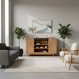 Elegant natural wood bar cabinet featuring built-in wine and glass storage, two drawers, side cabinets, and tapered wooden legs, styled in a contemporary living space.