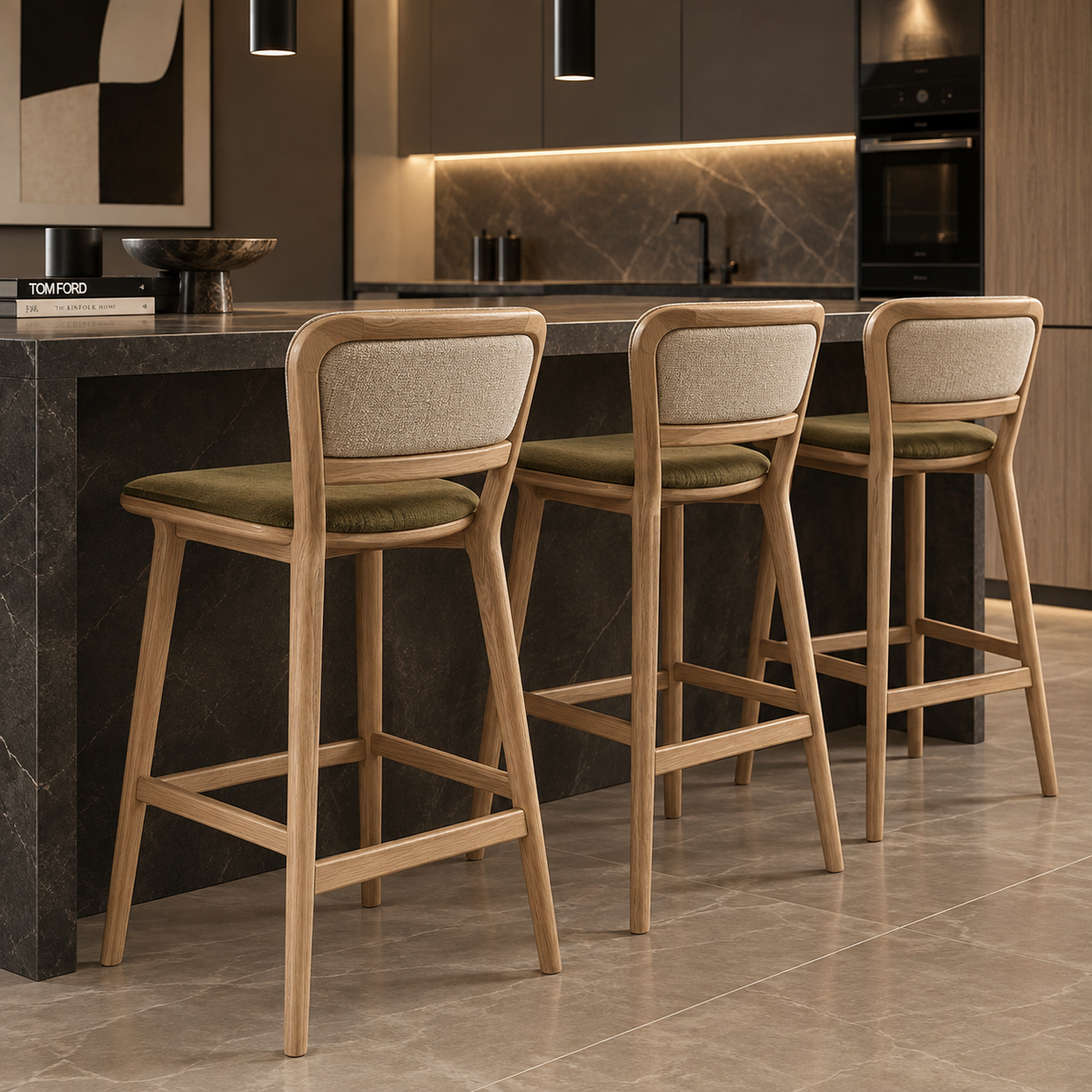 Three natural wood bar stools with olive green upholstered seats, cream padded backrests, tapered legs, and wooden footrests beside a kitchen island.