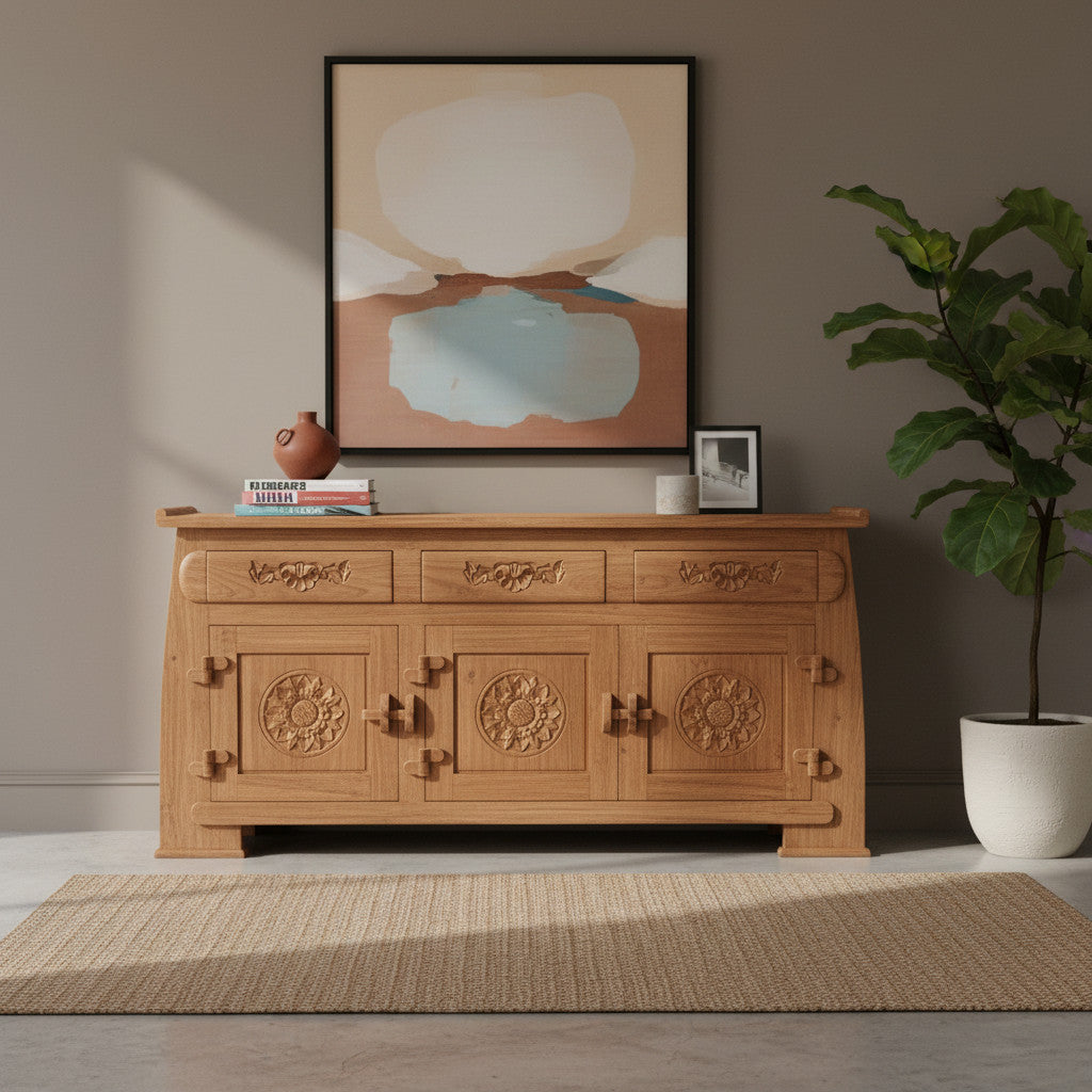 Elegant natural wood sideboard featuring three drawers and three cabinet doors with intricate floral medallion carvings and decorative detailing.