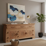 Elegant natural wood sideboard featuring three drawers and three cabinet doors with intricate floral medallion carvings and decorative detailing.