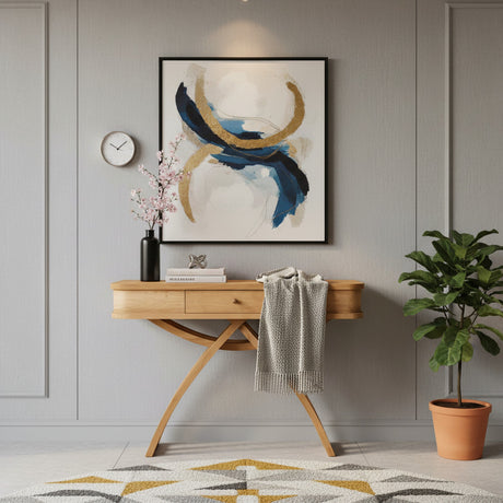 Elegant natural wood console table featuring slim drawers and distinctive curved cross-leg detailing, styled in a sophisticated contemporary interior.