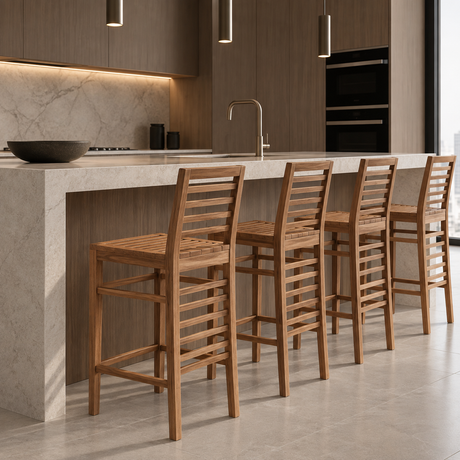 Four natural wood bar stools with tall horizontal slat backrests, slatted seats, and wooden footrests arranged along a kitchen island.