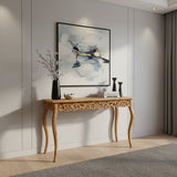 Elegant natural wood console table featuring intricate carved scrollwork, a decorative apron, and graceful curved legs for a refined classic look.