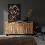 Modern natural wood sideboard featuring three drawers, three cabinet doors, sleek black handles, and black metal legs, styled in an elegant contemporary interior.