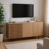 Modern natural wood TV unit featuring decorative slatted detailing, clean cabinet doors, and slim black metal legs, styled in a contemporary living room.