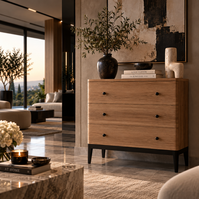 A light oak wood three-drawer chest with black legs and small black knobs, styled in a modern living room setting with books, a vase, and decorative objects.