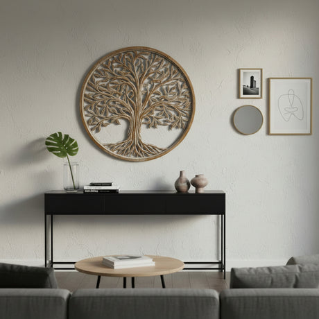 Round Tree of Life wall décor crafted from carved wood with a natural oak finish and intricate branch detailing, creating a warm, organic statement piece for living rooms, bedrooms, offices, or entryways.