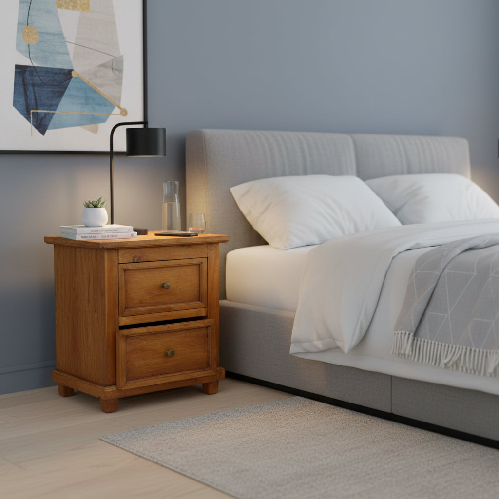 Wooden nightstand next to a bed with white bedding in a bedroom setting.