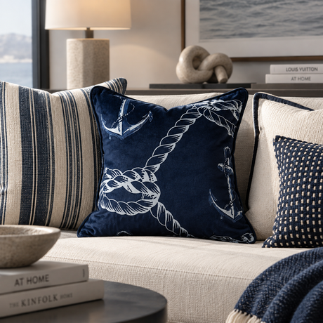 A navy blue velvet throw pillow with a white rope and anchor pattern styled on a beige sofa in a living room setting.