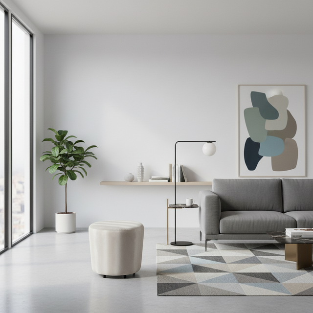Ivory upholstered round ottoman with a minimalist design, ideal as a footrest, occasional seat, or modern accent piece for living rooms and bedrooms.