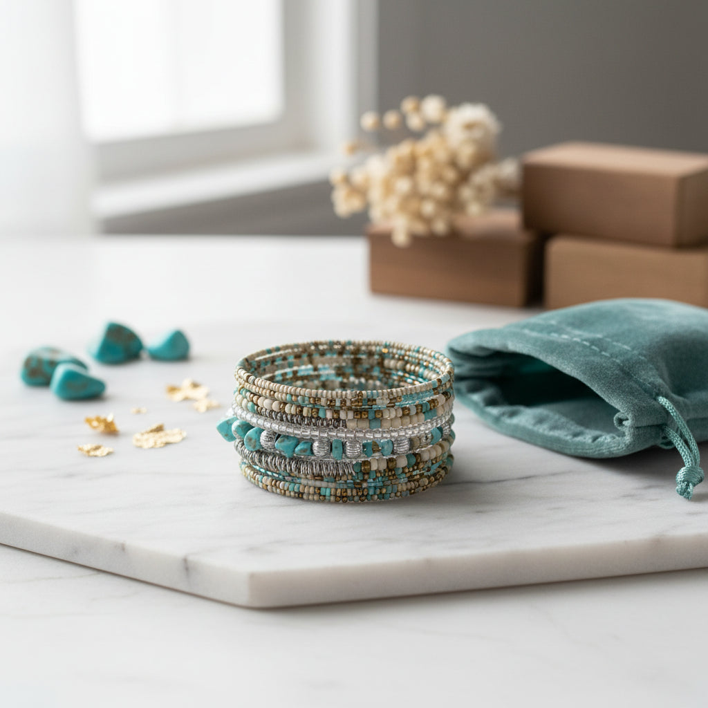 Handcrafted multi-layer wrap bracelet featuring turquoise, silver, cream, and gold-toned beads with textured metallic accents, displayed on a white marble surface beside a teal velvet pouch.