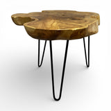Handcrafted coffee table featuring a freeform live edge solid wood tabletop with rich natural grain, knots, and organic contours, supported by sleek black metal hairpin legs. A one-of-a-kind statement piece that blends rustic craftsmanship with modern industrial style, perfect for living rooms, boutique hotels, lodges, or contemporary interiors.
