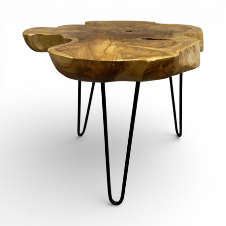 Handcrafted coffee table featuring a freeform live edge solid wood tabletop with rich natural grain, knots, and organic contours, supported by sleek black metal hairpin legs. A one-of-a-kind statement piece that blends rustic craftsmanship with modern industrial style, perfect for living rooms, boutique hotels, lodges, or contemporary interiors.