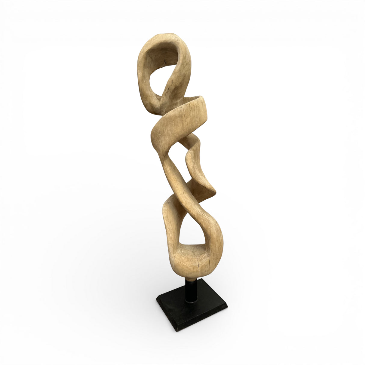 Handcrafted abstract wooden sculpture featuring flowing interlocking loops carved from solid natural wood and mounted on a sleek black display stand. This contemporary statement piece adds sculptural elegance and organic texture to living rooms, offices, boutique hotels, entryways, or luxury interiors.