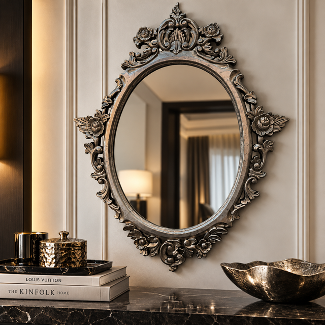 An ornate oval wall mirror with a heavily carved silver-toned frame featuring floral and scroll motifs, mounted on a beige wall above a dark marble console table with decorative objects.