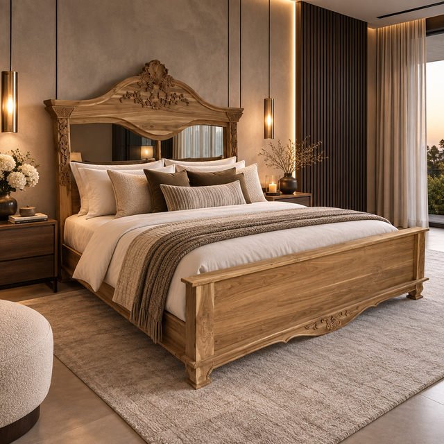 An ornate carved wooden bed frame with an integrated mirror, styled in a luxurious, warm-toned bedroom with beige bedding, textured pillows, and matching rug.