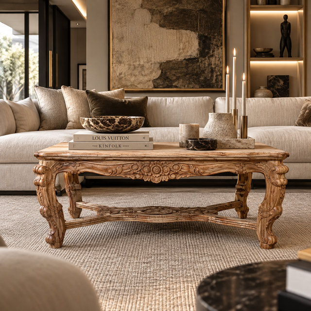 An ornate carved wooden coffee table in a styled living room setting, decorated with books, a bowl, and candles, positioned in front of a cream-colored sofa.
