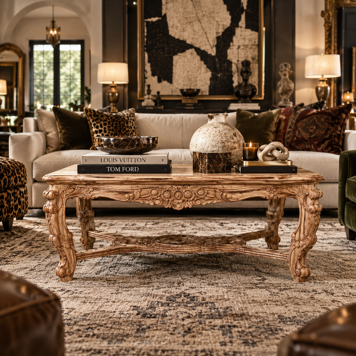 An ornate carved wooden coffee table in a styled living room setting, featuring a beige sofa, leopard print and patterned throw pillows, a large framed map artwork on the wall, and decorative objects on the tabletop.