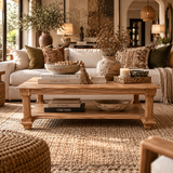 A rustic wooden coffee table with a double shelf sits in a beautifully styled living room. The table is styled with books, a candle, and decorative ceramic vases containing dried botanicals.