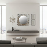 Ornate carved wooden wall mirror featuring an intricately hand-carved floral frame with a distressed whitewashed finish. This elegant statement mirror adds timeless charm and sophistication to entryways, bedrooms, living rooms, and traditional, coastal, farmhouse, or luxury interiors.