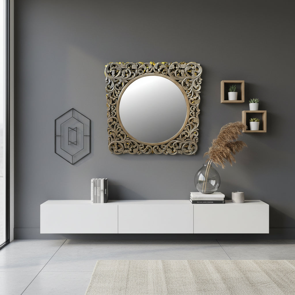 Ornate carved wooden wall mirror featuring an intricately hand-carved botanical frame with a distressed natural wood finish. This timeless statement mirror enhances entryways, bedrooms, living rooms, and hallways while complementing traditional, farmhouse, coastal, bohemian, and luxury interiors.