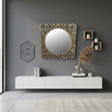 Ornate carved wooden wall mirror featuring an intricately hand-carved botanical frame with a distressed natural wood finish. This timeless statement mirror enhances entryways, bedrooms, living rooms, and hallways while complementing traditional, farmhouse, coastal, bohemian, and luxury interiors.