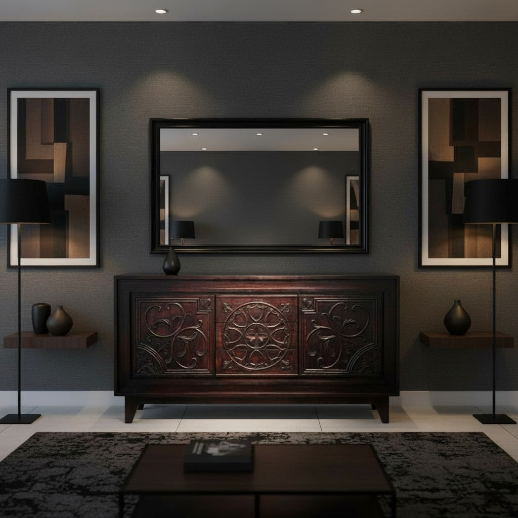Luxurious dark wood sideboard featuring three intricately carved cabinet doors with floral and medallion detailing, styled in an elegant contemporary interior.