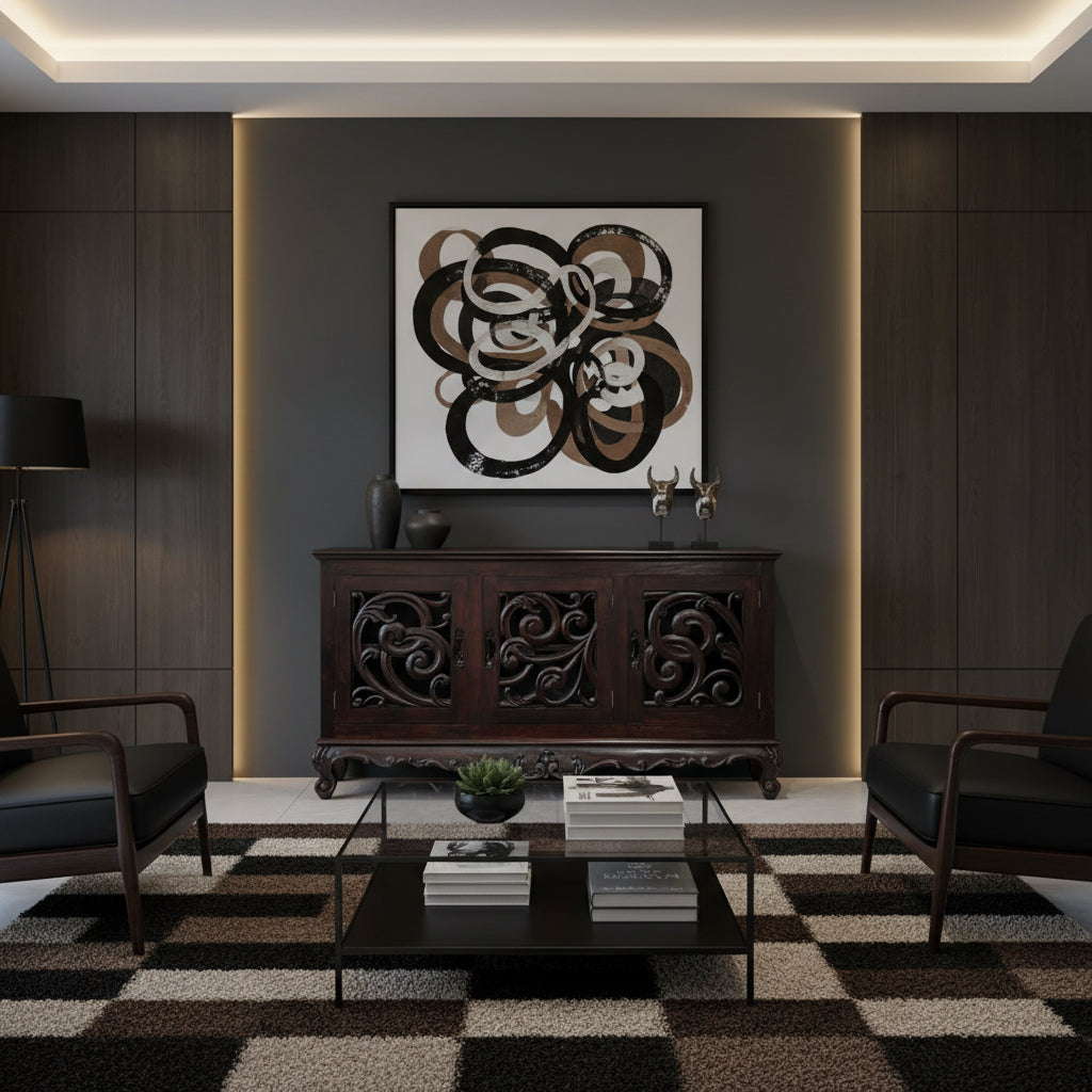 Elegant dark wood sideboard featuring three cabinet doors with intricate openwork scroll carvings, ornate detailing, and curved feet for a luxurious statement finish.