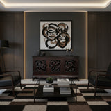 Elegant dark wood sideboard featuring three cabinet doors with intricate openwork scroll carvings, ornate detailing, and curved feet for a luxurious statement finish.