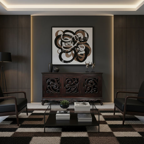 Elegant dark wood sideboard featuring three cabinet doors with intricate openwork scroll carvings, ornate detailing, and curved feet for a luxurious statement finish.