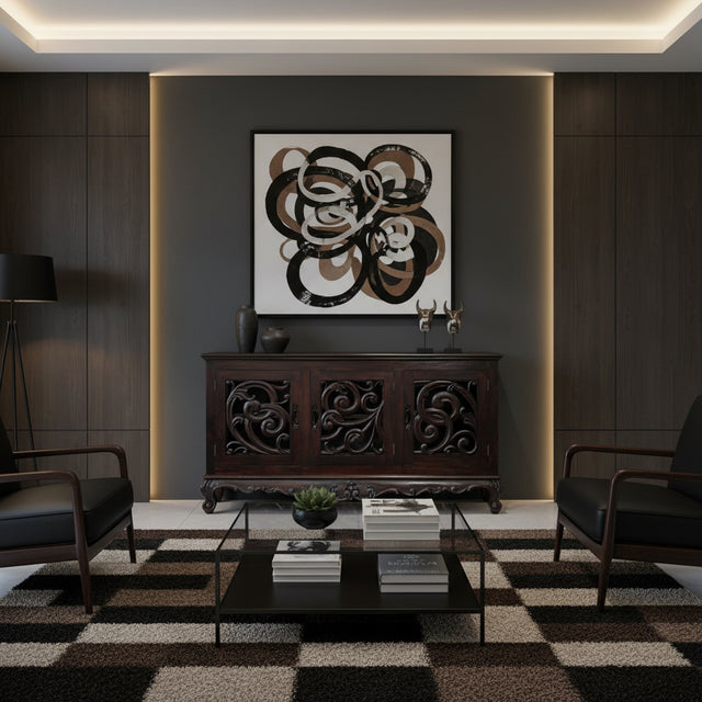 Elegant dark wood sideboard featuring three cabinet doors with intricate openwork scroll carvings, ornate detailing, and curved feet for a luxurious statement finish.