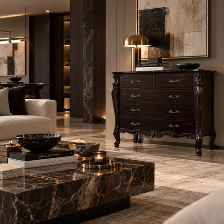 A dark carved wooden chest of drawers with ornate silver drawer pulls, styled in a luxurious modern living room next to a marble coffee table and a brass table lamp.