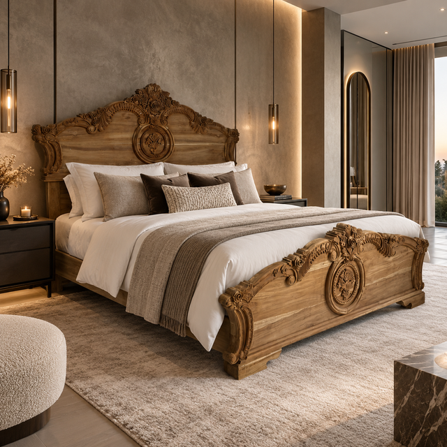 An ornate carved wooden bed with a high headboard and footboard, styled in a luxurious, warm-toned bedroom with beige walls, neutral bedding, and matching decor.