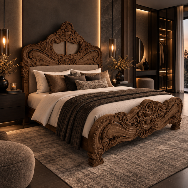 An ornate carved wooden bed frame with a high headboard and matching footboard, styled in a luxurious dark brown bedroom with white linens, textured pillows, and a dark throw blanket.