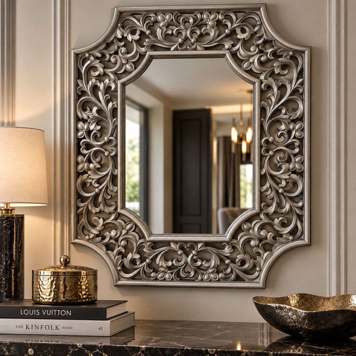 Rectangular wall mirror with an ornate silver frame featuring intricate floral scrollwork and curved corners.