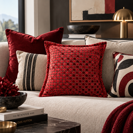 A styled interior scene showing a beige sofa with multiple decorative throw pillows, including a prominent red textured square pillow in front, a deep red pillow behind it, and patterned accent pillows. A dark marble side table with books and a gold lamp sits in the foreground.