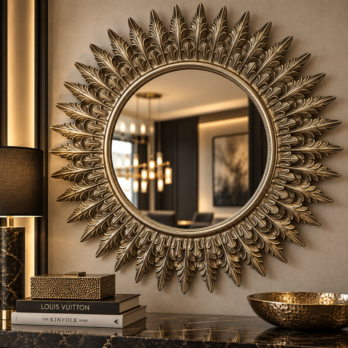 An ornate round wall mirror with a sunburst leaf design frame in a distressed gold finish, mounted on a beige wall above a marble console table with decorative books and a lamp.