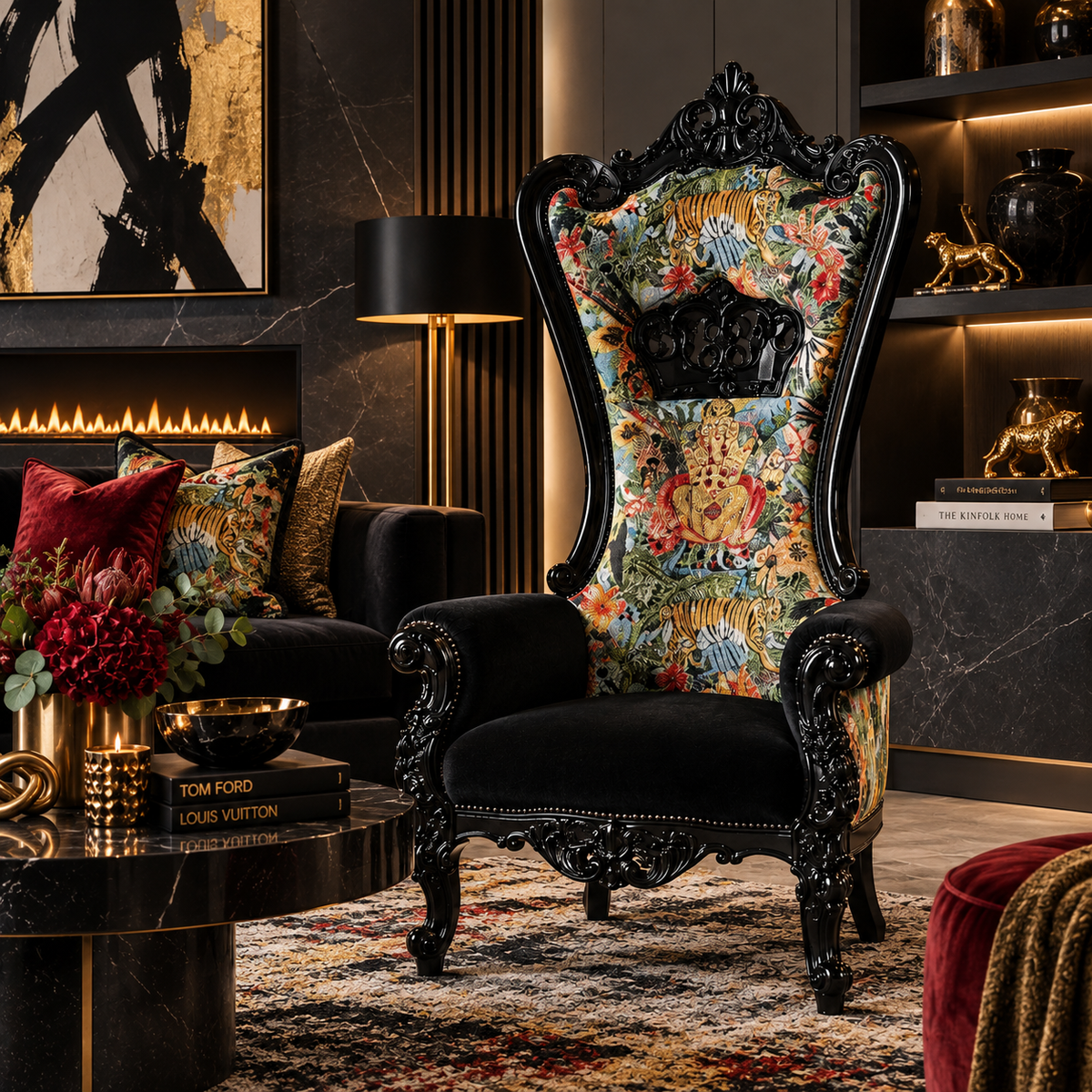 A luxury high-back wingback armchair with ornate black carved wood framing and a vibrant multicolor tiger-and-floral print upholstery, set in a dark, moody modern living room.