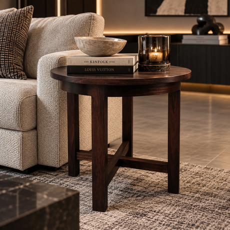 A round dark wood accent side table in a modern living room setting, styled with a bowl, a stack of books including 'The Kinfolk' and 'Louis Vuitton', and a lit candle in a glass holder.