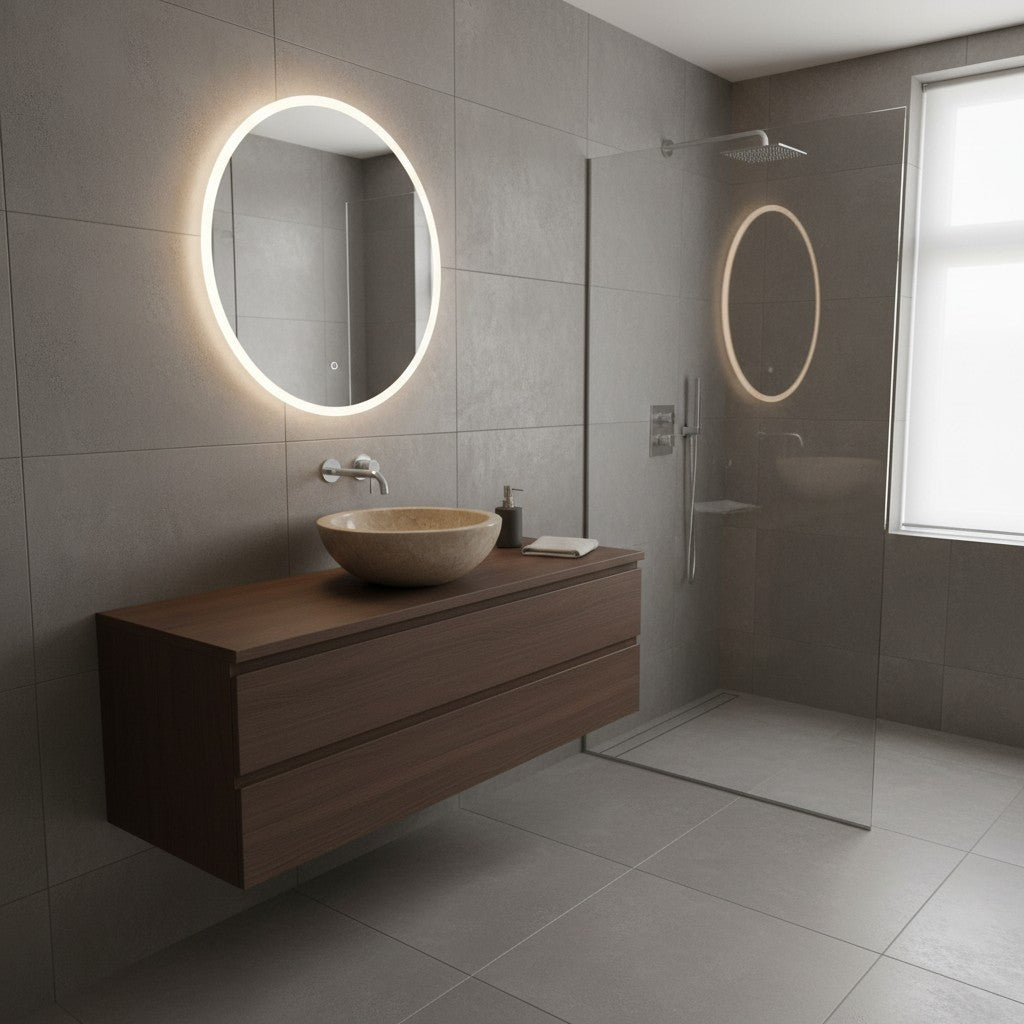 Modern round LED backlit bathroom mirror mounted above a floating wooden vanity with a stone vessel basin and frameless walk-in shower. A sleek contemporary mirror that adds ambient lighting and elegance to minimalist and modern bathrooms.