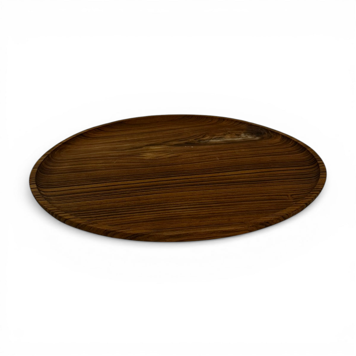 Round walnut wooden serving tray with a smooth raised edge and rich natural wood grain, perfect for serving drinks, displaying candles, styling coffee tables, or organizing decorative accessories.
