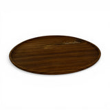 Round walnut wooden serving tray with a smooth raised edge and rich natural wood grain, perfect for serving drinks, displaying candles, styling coffee tables, or organizing decorative accessories.