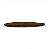 Side profile of a round walnut wooden serving tray with a slim raised edge and rich natural wood grain, showcasing its minimalist handcrafted design for serving and decorative styling.
