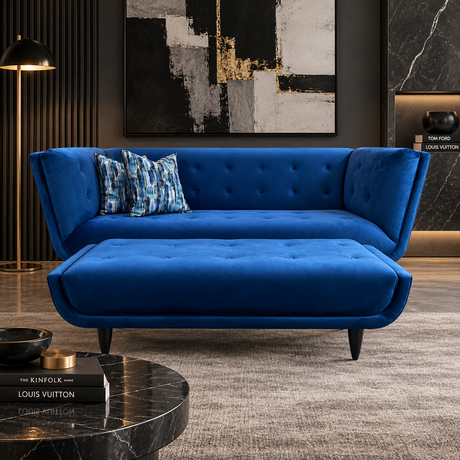 A modern blue velvet chaise lounge with a matching ottoman in a styled living room setting. The lounge features tufted detailing on the backrest and seat, tapered black legs, and is styled with two blue patterned throw pillows.