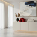 Set of handcrafted cylindrical storage baskets with rich ruby red wooden beads, matching fitted lids, and decorative beaded handles, styled on a modern white sideboard to add bold colour, elegant storage, and artisanal texture to contemporary interiors.