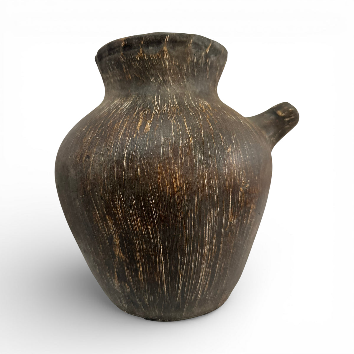 Rustic brown ceramic decorative vase with a weathered handcrafted finish, sculptural rounded silhouette, flared neck, and distinctive side spout, perfect for displaying dried botanicals or adding warm organic character to contemporary, rustic, or Mediterranean-inspired interiors.