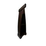 Handcrafted canoe-shaped display shelf in a dark stained wood finish, featuring two open shelves for displaying decorative accents, books, or collectibles, shown from a side angle against a white background.